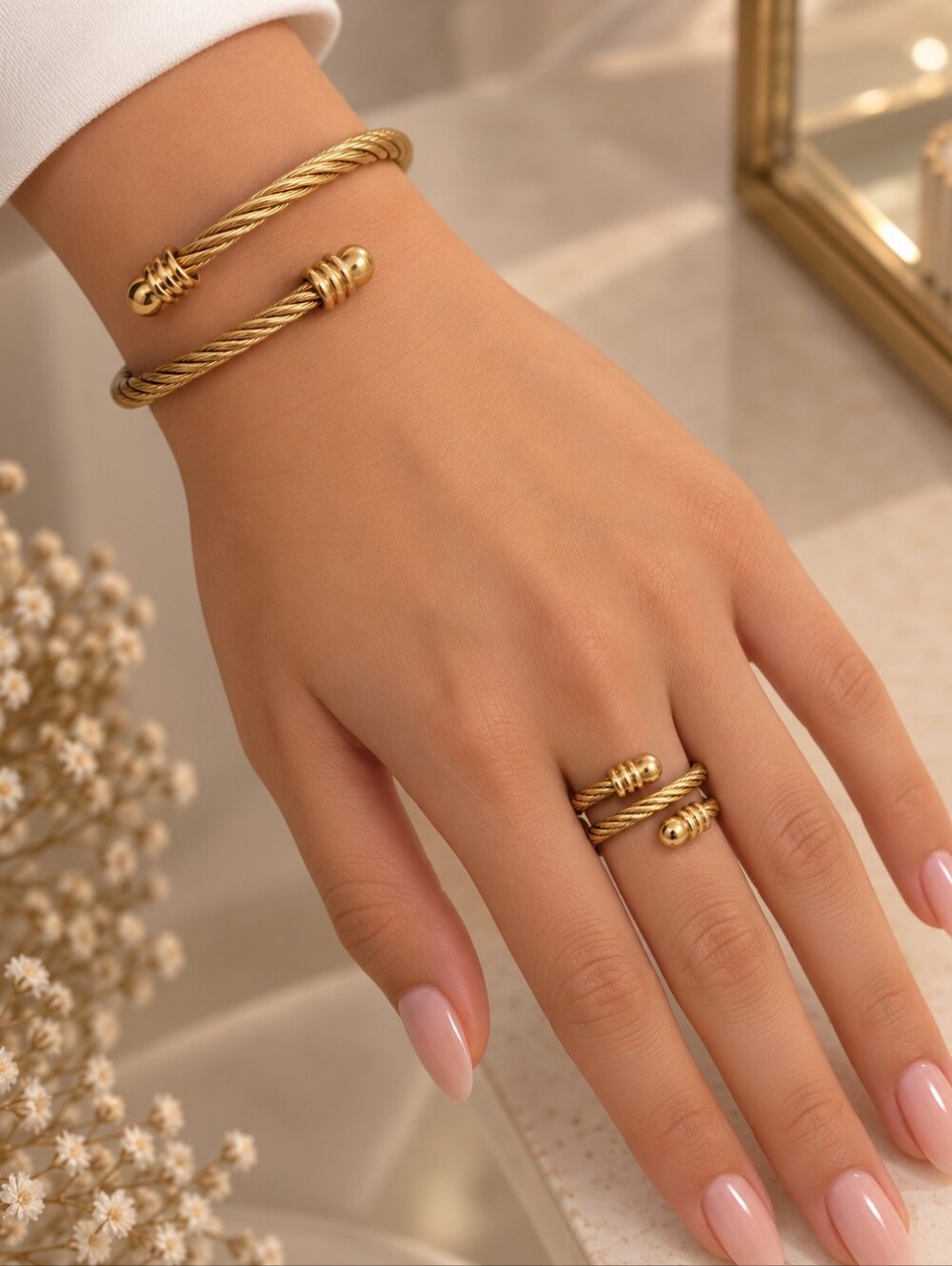Gold Twisted Cable Cuff Bracelet and Ring Set - Picture 4 of 4